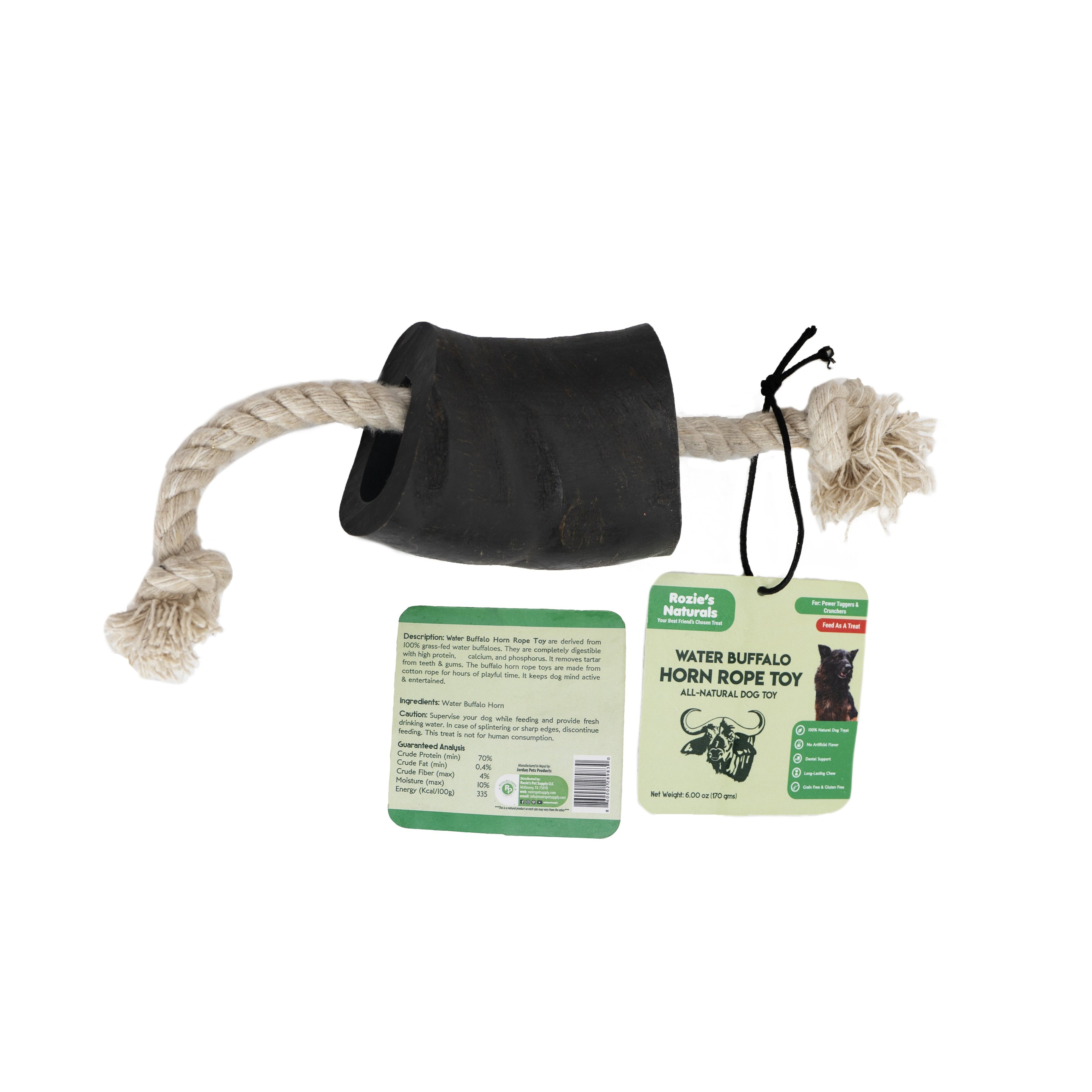 Water Buffalo Horn 14" Cotton Rope Tug Toy Dog Chews-2 Count-10 oz (WSP)