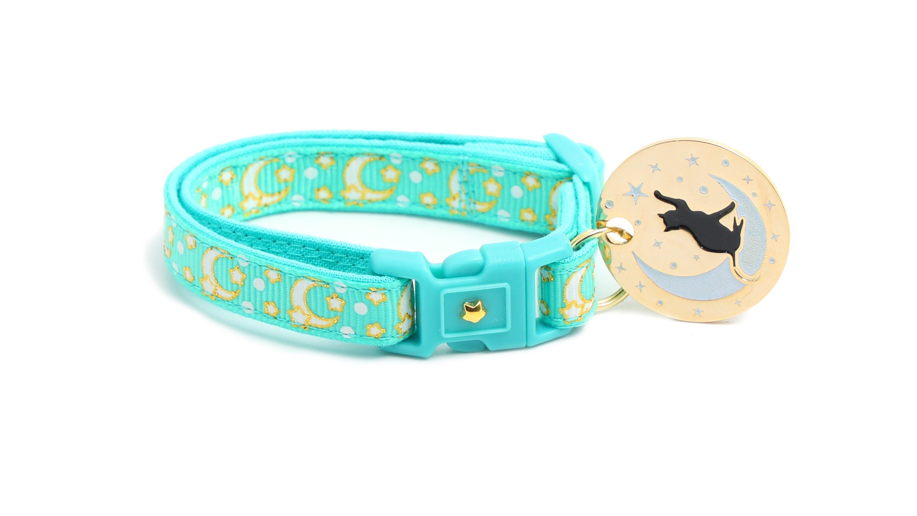 Gold Moons and Stars on Aqua V2 Cat Collar
