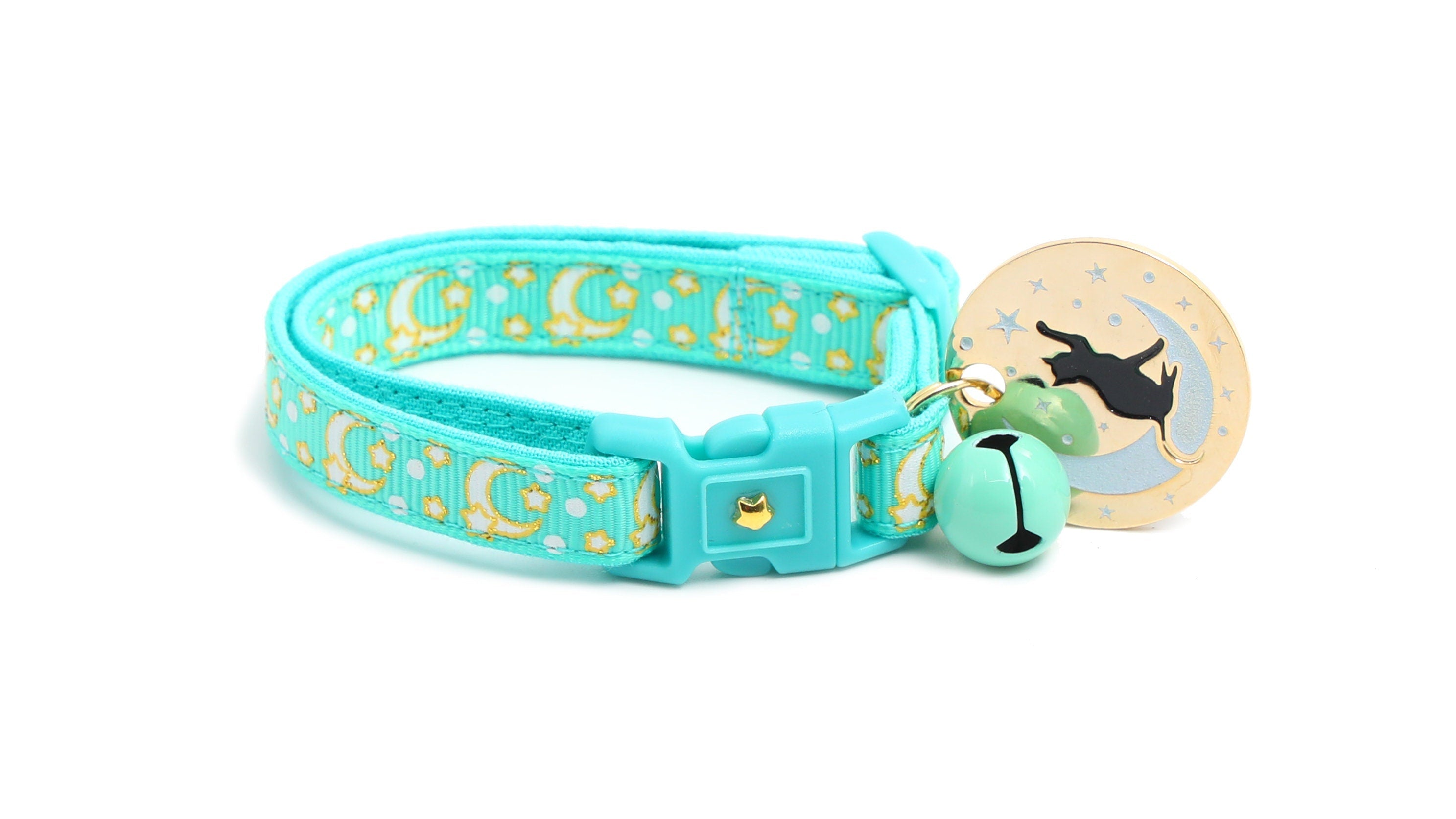 Gold Moons and Stars on Aqua V2 Cat Collar