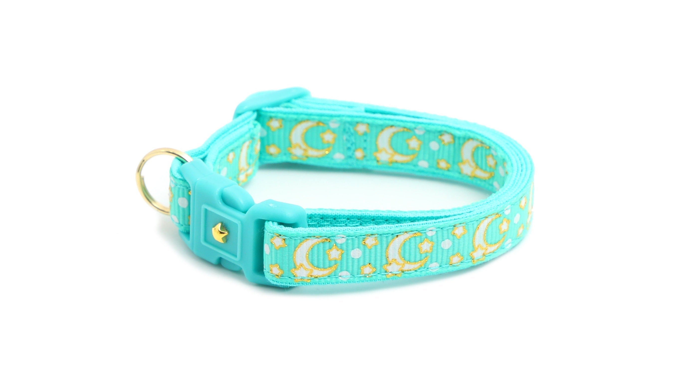 Gold Moons and Stars on Aqua V2 Cat Collar