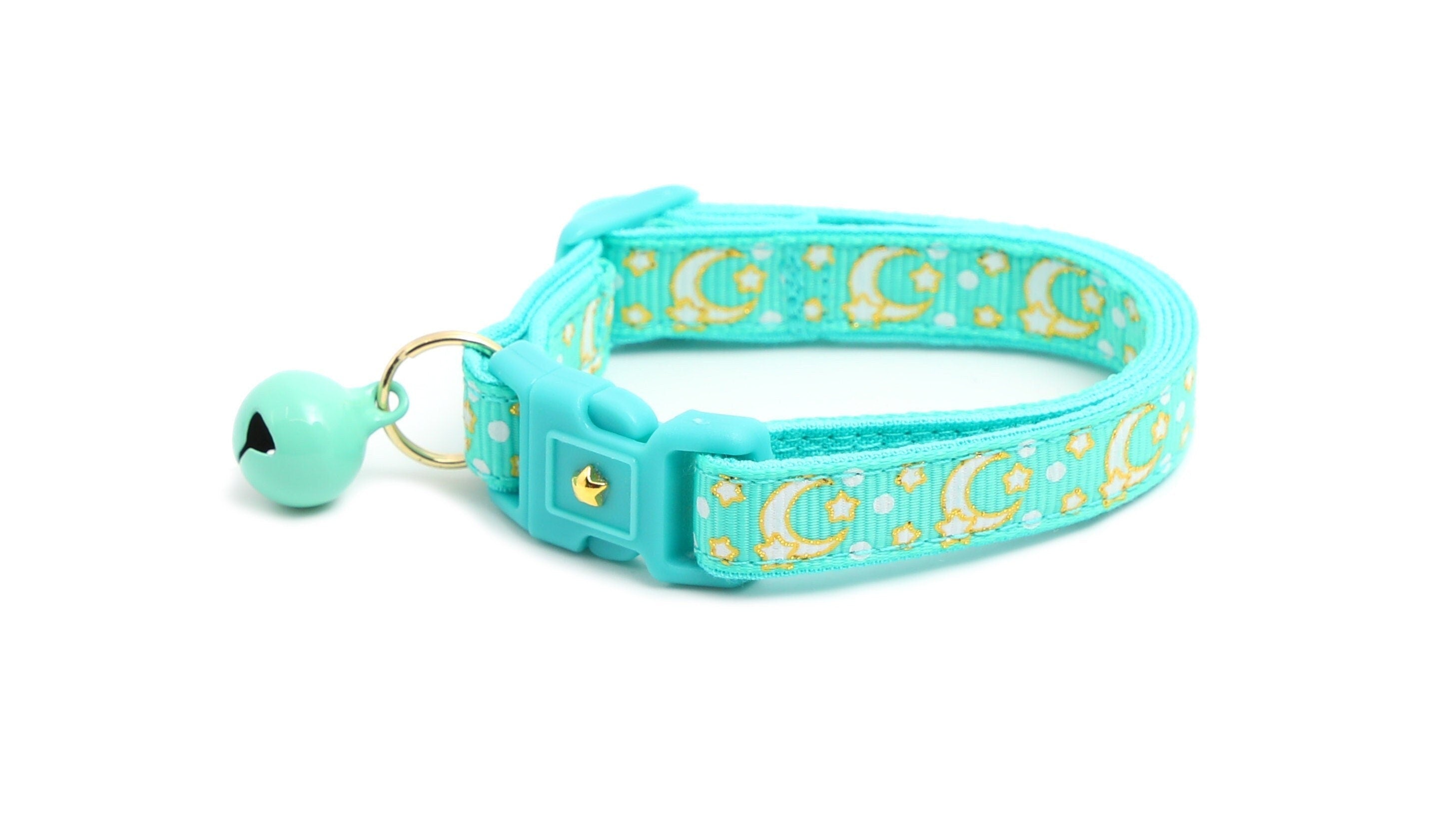 Gold Moons and Stars on Aqua V2 Cat Collar