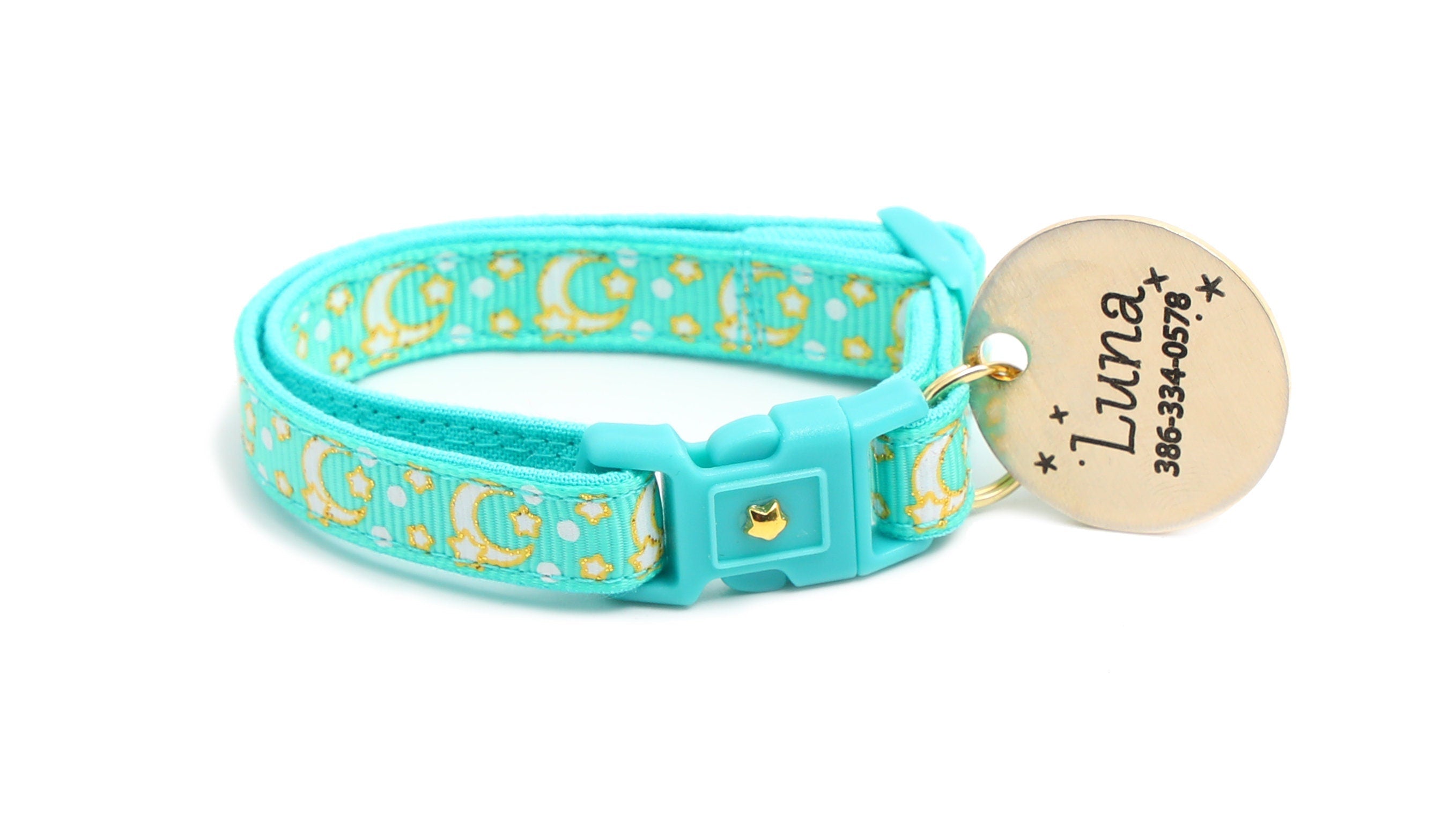 Gold Moons and Stars on Aqua V2 Cat Collar