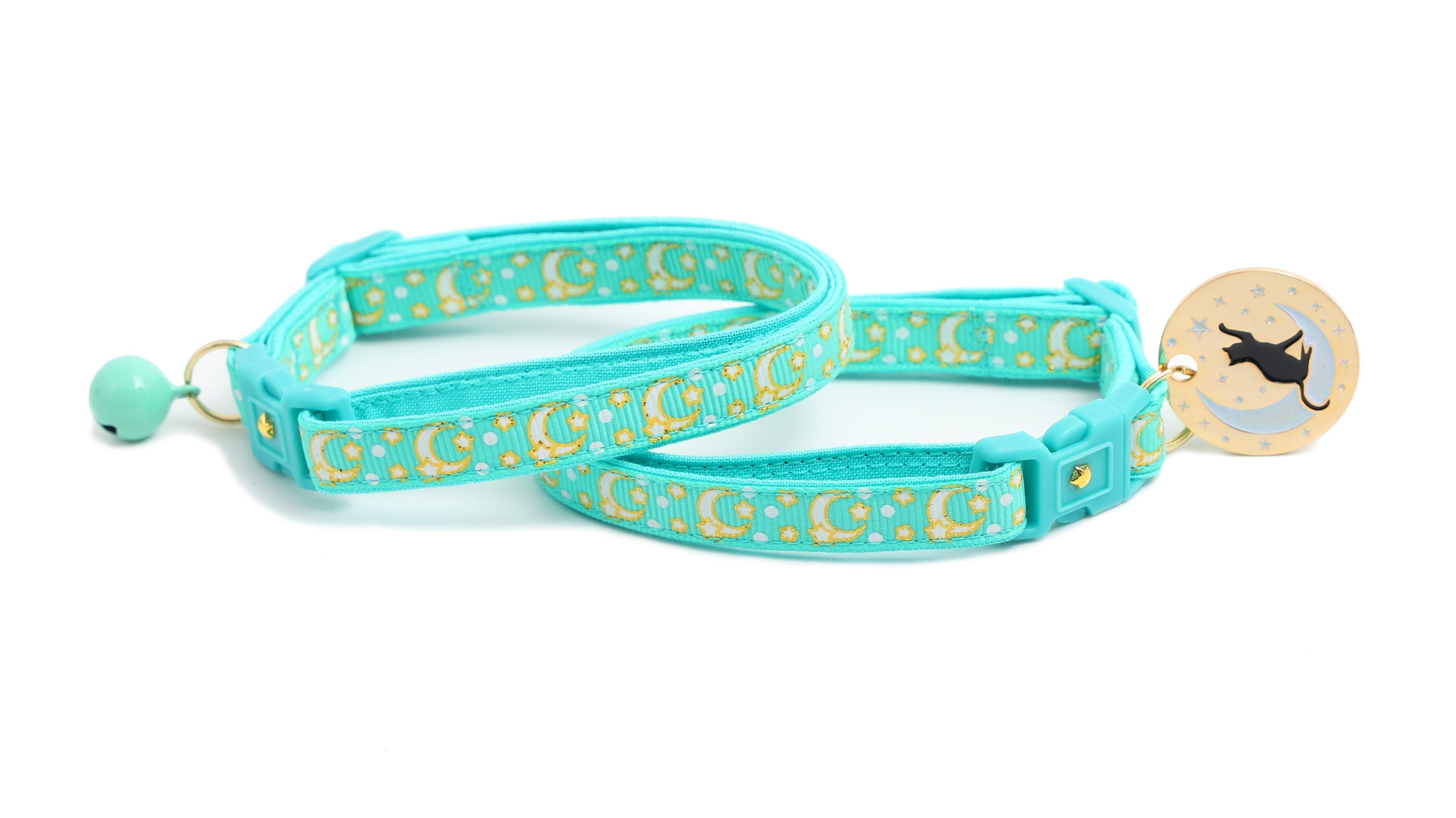 Gold Moons and Stars on Aqua V2 Cat Collar