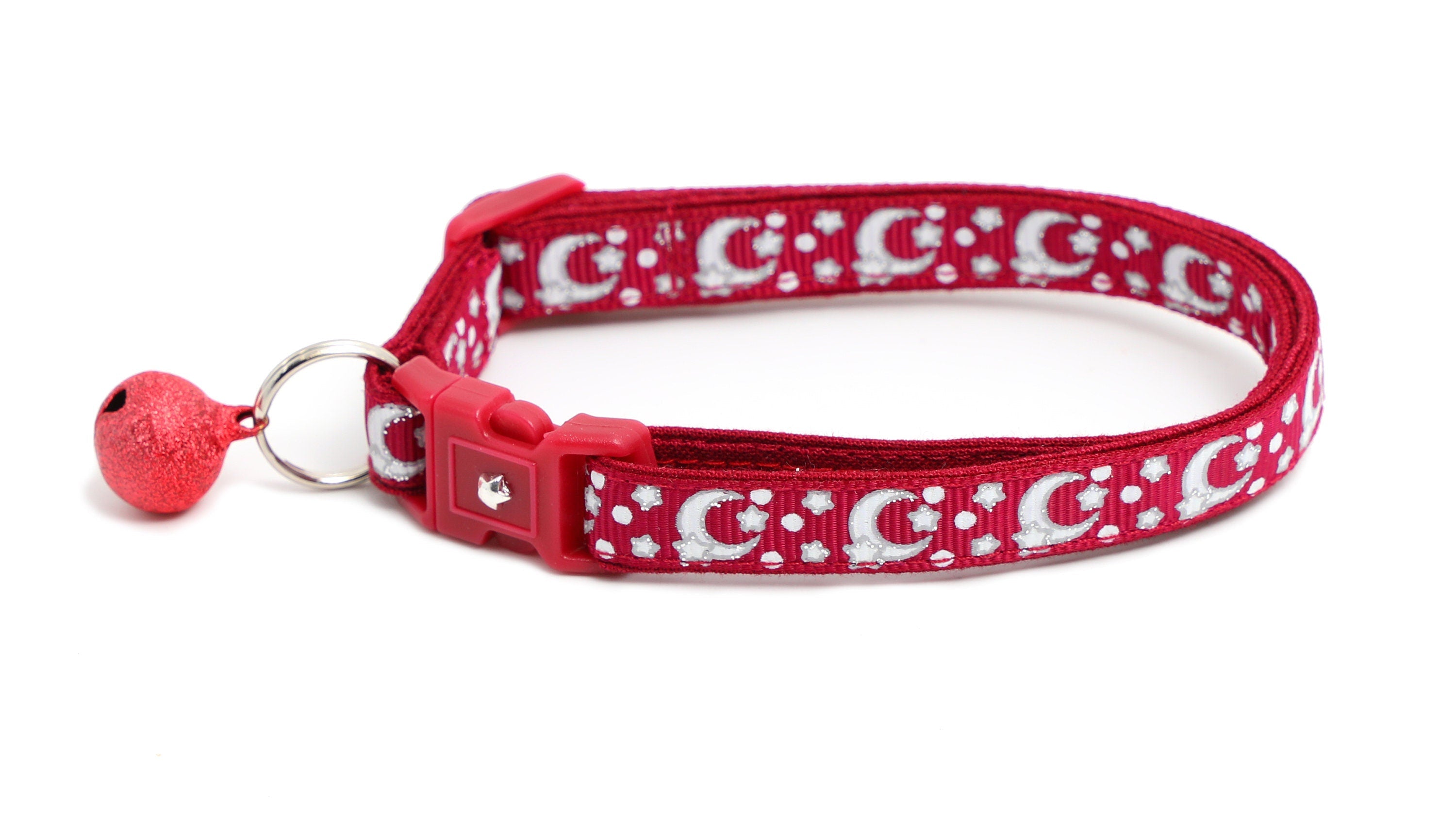 Silver Moons and Stars on Dark Red Cat Collar